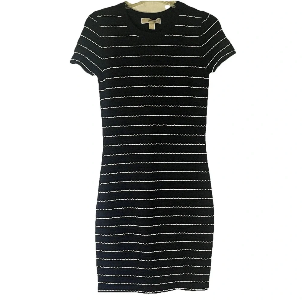 Michael Kors Sz S Black White Striped Bodycon‎ Sweater Dress Knit Logo